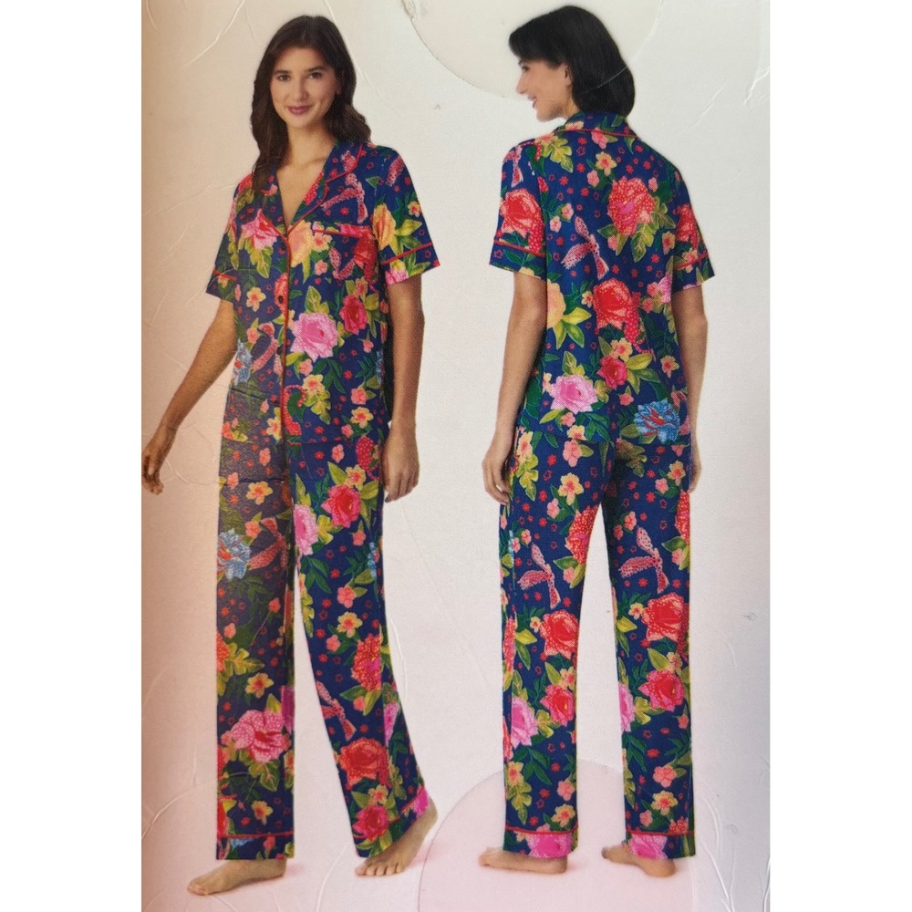 NWT Size XS Room Service Pajama Set Blue Floral 2-Piece Collar Short Sleeve